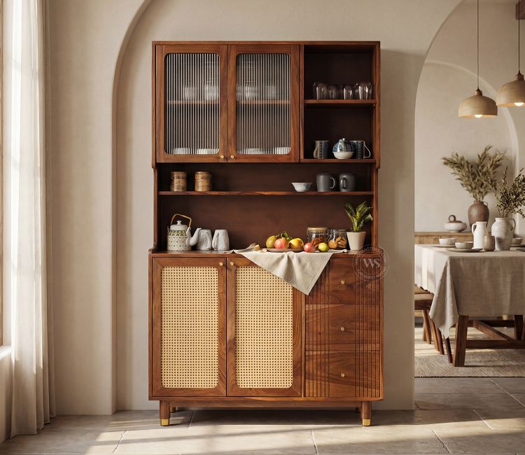 Tripti Classic Kitchen Cabinet with Fluted Glass, Cane Weave & Brass Knobs (Teak Finish) Tripti Classic Kitchen Cabinet with Fluted Glass, Cane Weave & Brass Knobs (Teak Finish)