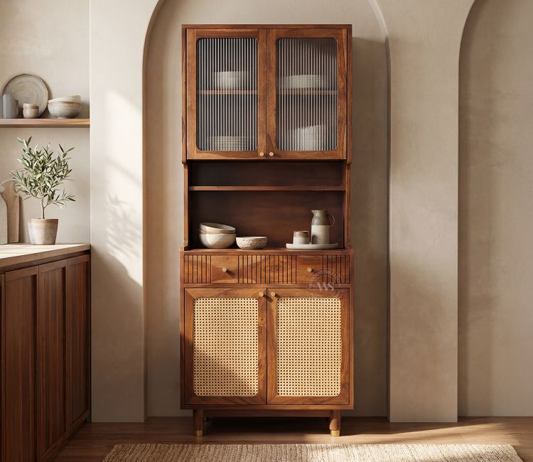 Sanchay Classic Kitchen Cabinet with Fluted Glass, Cane Weave & Brass Knobs (Teak Finish) Sanchay Classic Kitchen Cabinet design with Fluted Glass, Cane Weave & Brass Knobs (Teak Finish)