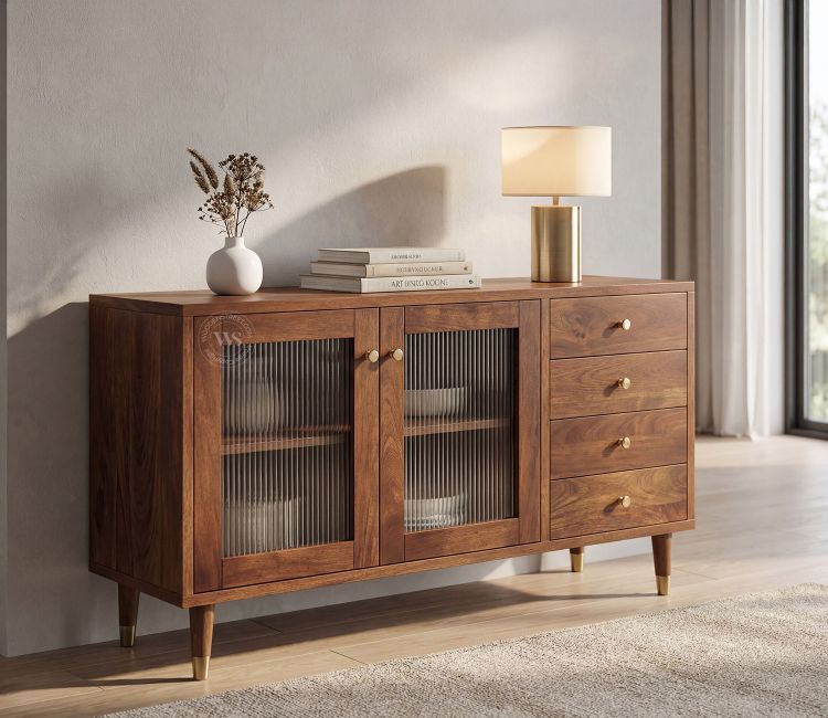 Briska Mango Wood Cabinet with Fluted Glass & Drawer Storage (Teak Finish) Briska Mango Wood Cabinet with Fluted Glass & Drawer Storage (Teak Finish)
