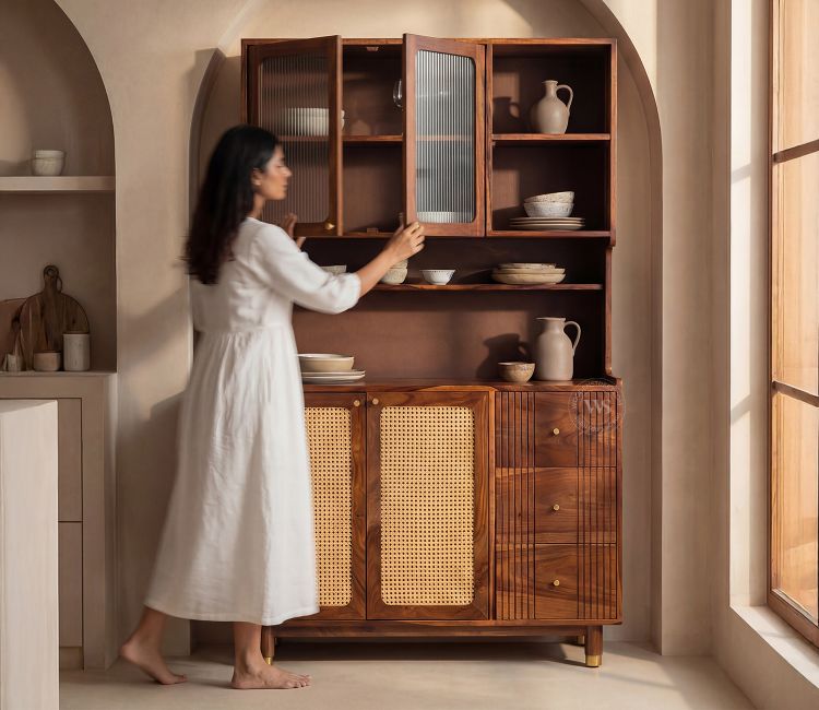 Tripti Classic Kitchen Cabinet with Fluted Glass, Cane Weave & Brass Knobs (Teak Finish) Tripti Classic Kitchen Cabinet with Fluted Glass, Cane Weave & Brass Knobs (Teak Finish)