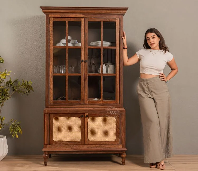 Taksha Sheesham Wood Kitchen Cabinet with Glass Doors & Cane Accent (Teak Finish) Taksha Sheesham Wood Kitchen Cabinet with Glass Doors & Cane Accent (Teak Finish)
