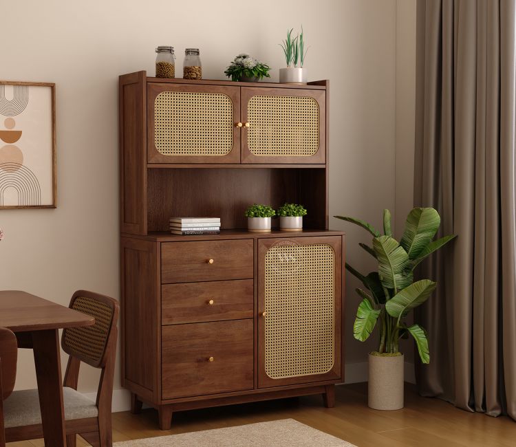 Divit Mango Wood Kitchen Cabinet with Cane Detailing & Brass Knobs (Teak Finish) Divit Mango Wood Kitchen Cabinet with Cane Detailing & Brass Knobs (Teak Finish)