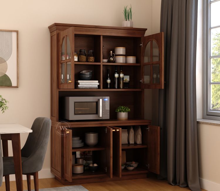 Nivrit Mango Wood Arch Glass Kitchen Cabinet (Teak Finish) Nivrit Mango Wood Arch Glass Kitchen Cabinet (Teak Finish)