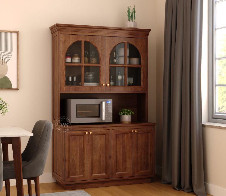 Nivrit Mango Wood Arch Glass Kitchen Cabinet (Teak Finish) Nivrit Mango Wood Arch Glass Kitchen Cabinet (Teak Finish)