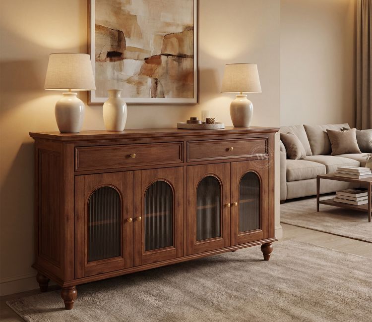 Tiros Mango Wood Cabinet with Arched Glass Door (Teak Finish) Tiros Mango Wood Cabinet with Arched Glass Door (Teak Finish)