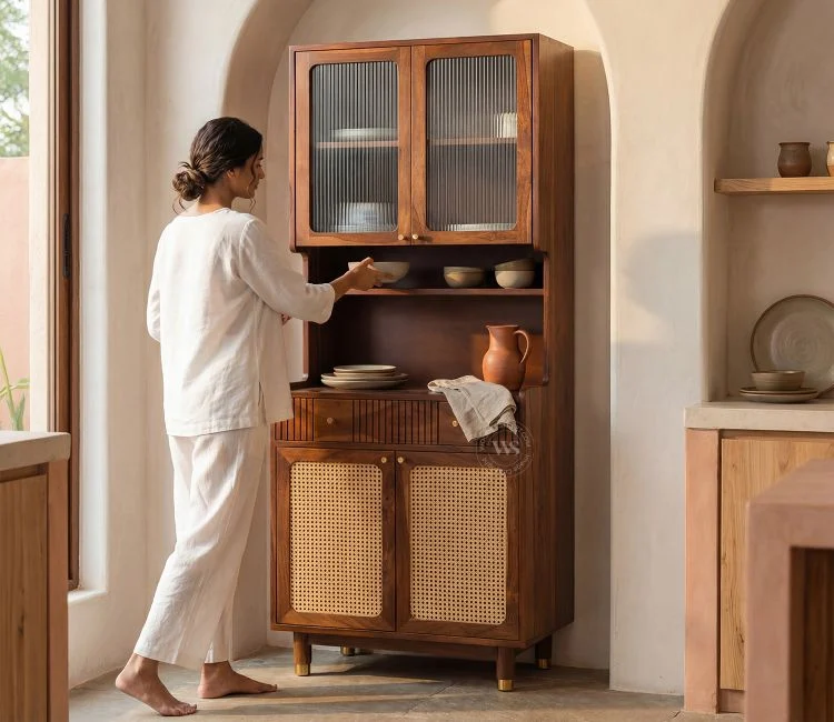 Sanchay Classic Kitchen Cabinet with Fluted Glass, Cane Weave & Brass Knobs (Teak Finish) Sanchay Classic Kitchen Cabinet design with Fluted Glass, Cane Weave & Brass Knobs (Teak Finish)