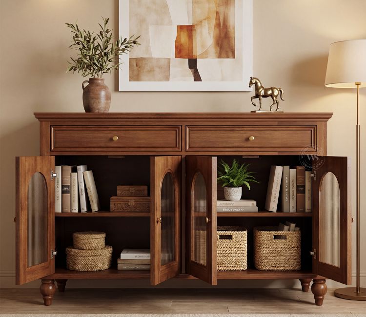 Tiros Mango Wood Cabinet with Arched Glass Door (Teak Finish) Tiros Mango Wood Cabinet with Arched Glass Door (Teak Finish)